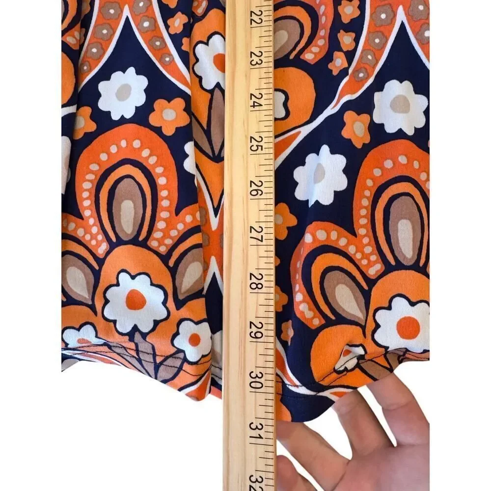 Judith March Boho Off-Shoulder Mini Dress Small Retro Floral Orange Navy Ruffle